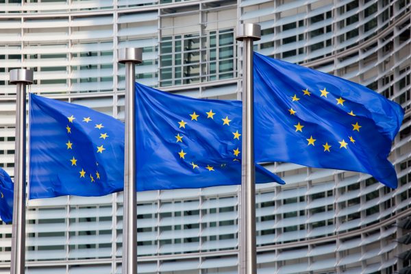 European Union flags in front of an institutional building, symbolizing different national ITAD, waste, and compliance regulations across Europe rather than a single unified market.