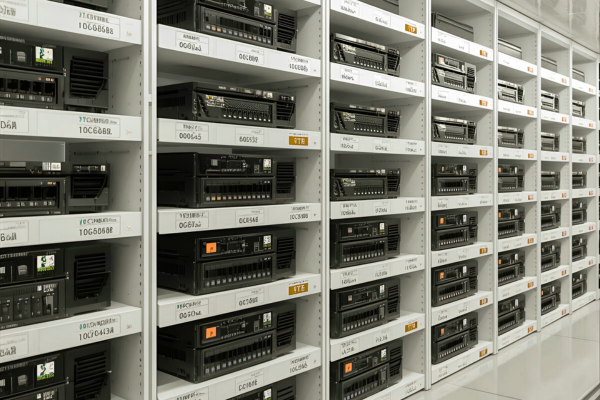 Organized rows of labeled IT hardware on inventory shelves, representing field inventory tracking for offices and facilities.
