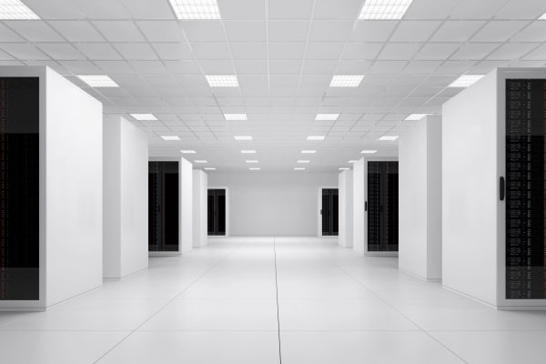White data center corridor used as visual break on Envenance’s Watch Envenance page for ITAD video content.