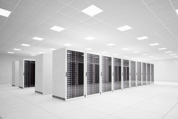Modern white server room with multiple server racks, used as a background for Envenance ITAD service pages