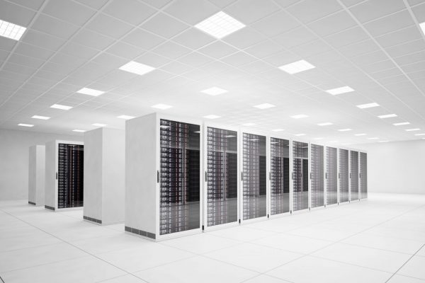 Modern white server room with multiple server racks, used as a background for Envenance ITAD service pages