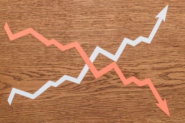 Crossing upward and downward trend lines symbolizing fragmented processes that increase operational cost in IT asset disposition projects.